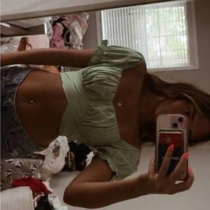 LYANER Sage Green Off-Shoulder Crop Top